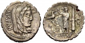 RÖMISCHE REPUBLIK. A. Postumius Albinus, 81 v. Chr. Serratus, gefüttert/fourré. HISPAN Verschleierter Kopf der Hispania n. r. Rv. A. POST. A. F. - S. ...