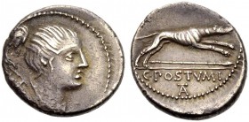 RÖMISCHE REPUBLIK. C. Postumius, 74 v. Chr. Denar. Drap. Büste der Diana n.r., das Haar auf dem Hinterkopf in einem Schopf; Bogen und Köcher auf dem R...