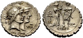 RÖMISCHE REPUBLIK. Q. Fufius Kalenus und Mucius Scaevola Cordus, 70 v. Chr. Serratus. HO - VIR / KALENI Kopf des Honos mit L. n. r., daneben, Kopf der...