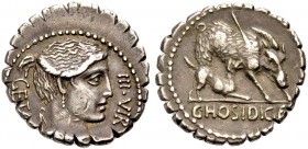 RÖMISCHE REPUBLIK. C. Hosidius Geta, 68 v. Chr. Serratus. GETA - III.VIR Dianabüste mit Diadem, Bogen und Köcher n.r. Rv. C.HOSIDI.C.F. Eber n.r., Spe...