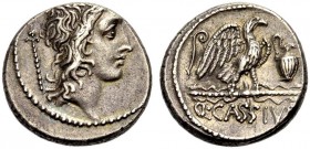 RÖMISCHE REPUBLIK. Q. Cassius, 55 v. Chr. Denar. Kopf des Genius populi Romani im langen Haar n.r., über der l. Schulter Zepter. Rv. Q.CASSIVS Adler a...