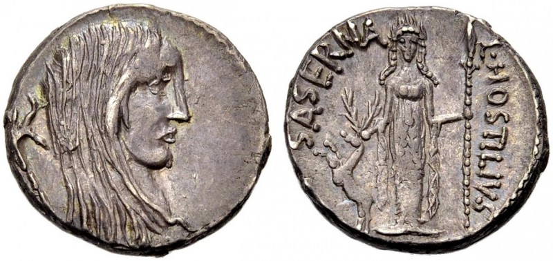 RÖMISCHE REPUBLIK. L. Hostilius Saserna, 48 v. Chr. Denar. Kopf der Gallia mit l...