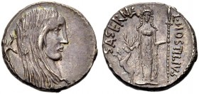RÖMISCHE REPUBLIK. L. Hostilius Saserna, 48 v. Chr. Denar. Kopf der Gallia mit langem Haar n.r., im Felde l. Carnyx. Rv. L.HOSTILIVS - SASERNA Diana i...