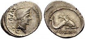 RÖMISCHE REPUBLIK. Mn. Cordius Rufus, 46 v. Chr. Denar. RVFVS. S.C Kopf der Venus mit Diadem und Perlenkette n. r. Rv. MN. CORDIVS Kleiner Cupido auf ...