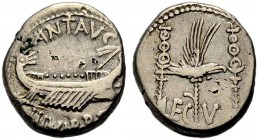 IMPERATORISCHE PRÄGUNGEN. Marcus Antonius, gest. 30 v. Chr. Denar, mit Antonius ziehende Münzstätte, 32-31 v. Chr. ANT AVG / III VIR R P C Galeere n. ...