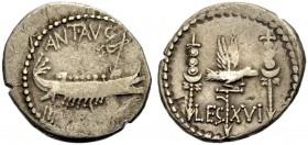 IMPERATORISCHE PRÄGUNGEN. Marcus Antonius, gest. 30 v. Chr. Denar, mit Antonius ziehende Münzstätte, 32-31 v. Chr. ANT AVG / III VIR R P C Galeere n. ...