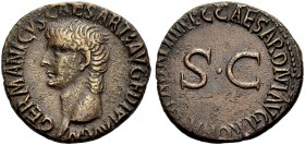 KAISERZEIT. Germanicus Caesar, Vater des Caligula, gest. 19. As, Postum unter Caligula, 37-38. Barhäuptige Büste n.l. Rv. C CAESAR AVG GERMANICVS PON ...