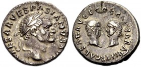 KAISERZEIT. Vespasianus, 69-79. Denar, 70. Rom. Büste mit L. n. r. (IMP) CAESAR VESPASIANVS AVG Rv. (von unten l.) CAESAR AVG F COS CAESAR AVG F PR Di...