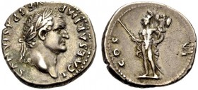 KAISERZEIT. Titus, als Caesar unter Vespasianus, 69-79. Denar, 77-78. Kopf mit L. n.r. Rv. COS - VI Mars, nackt, im Helm, mit Trophäe und Lanze n.l. s...