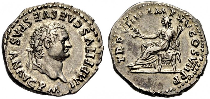 KAISERZEIT. Titus, 79-81. Denar, 79. Büste mit L. n. r. Rv. TRP VIIII IMP XV COS...