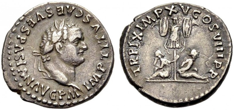 KAISERZEIT. Titus, 79-81. Denar, 80. Rom. Büste mit L. n. r. Rv. TRP IX IMP XV C...