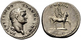 KAISERZEIT. Domitianus Caesar, 69-81. Denar, 76-77. Büste mit L. n. r. CAESAR AVG F - DOMITIANVS Rv. COS IIII Pegasos n.r. auf Bodenlinie stehend. 3,4...