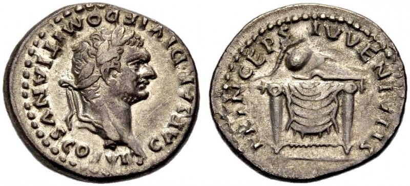 KAISERZEIT. Domitianus Caesar, 69-81. Denar unter Titus, 80-81. Kopf mit L. n.r....