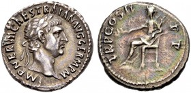 KAISERZEIT. Trajanus, 98-117. Denar, Februar 98. Büste n. r. mit L. IMP NERVA CAES TRAIAN AVG GERM PM Rv. TRP COS II - PP Pax n.l. thronend, Zweig und...