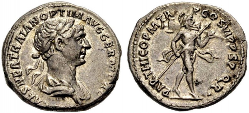 KAISERZEIT. Trajanus, 98-117. Denar, 112-117. Drap. Büste mit L. n.r. Rv. PARTHI...