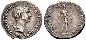KAISERZEIT. Trajanus, 98-117. Denar, 116 Drap., gep. Büste mit L. n. r. Rv. PM TRP C-OS VI PP SPQR Virtus mit Lanze und Tropaeum n. r. gehend. 3,29 g....