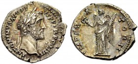 KAISERZEIT. Antoninus Pius, 138-161. Denar, 143-144 Büste mit L. n. r. Rv. IMPER-A-TOR II Geflügelte Victoria mit Kranz in der Rechten und Palme in de...
