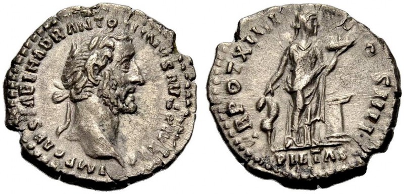 KAISERZEIT. Antoninus Pius, 138-161. Denar, 150-151 Büste mit L. n. r. Rv. TRPOT...