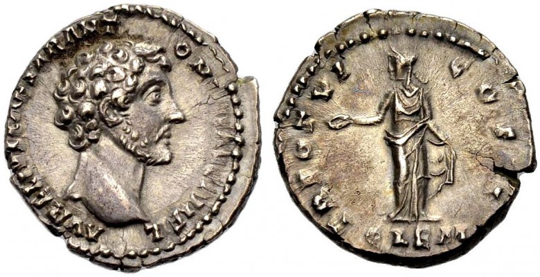 KAISERZEIT. Marcus Aurelius Caesar, 138-161. Denar, 151-152. Lockenkopf n.r. Rv....