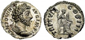 KAISERZEIT. Marcus Aurelius, 161-180. Denar, 163-164 M ANTONIVS AVG IMP II Gepanzerte Büste mit L., von hinten gesehen. Rv. TRP XVIII - COS III Felici...