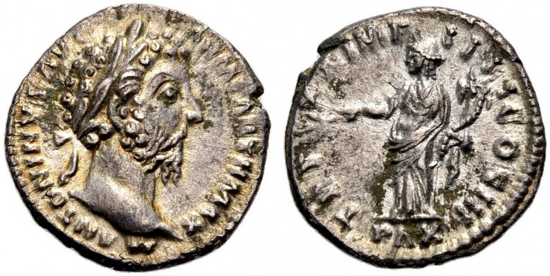 KAISERZEIT. Marcus Aurelius, 161-180. Denar, 165-166 Bärtige Büste mit L. n. r. ...