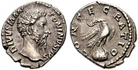 KAISERZEIT. Marcus Aurelius, 161-180. Denar, postum, unter Commodus. 180(?) DIVVS M AN-TONINVS PIVS Barhäuptige Büste n. r. Rv. CONSECRATIO Adler n.r....