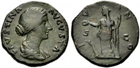 KAISERZEIT. Faustina Iunior, (†175), Gem. des M. Aurelius. As, Rom. FAVSTINA - AVGVSTA Drap. Büste n. r., die Haare in einem Chignon. Rv. I V N O Juno...