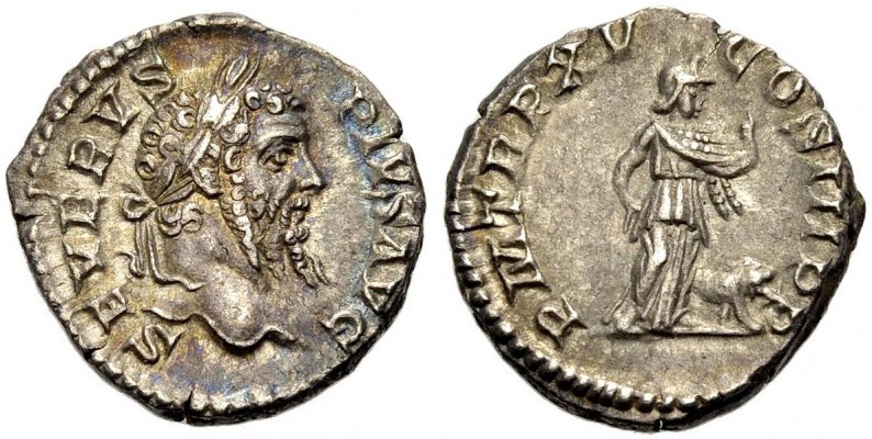 KAISERZEIT. Septimius Severus, 193-211. Denar, 207. Büste mit langem Bart und L....