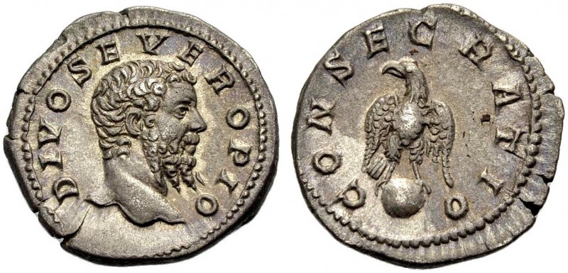 KAISERZEIT. Septimius Severus, 193-211. Denar, postum, 211 DIVO SEVERO PIO Bärti...