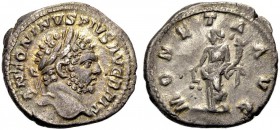 KAISERZEIT. Caracalla, 198-217. Denar, ca. 210-213 Bärtige Büste mit L. n. r. ANTONINVS PIVS AVG BRIT Rv. MONETA AVG Moneta n.l. stehend, Waage und Fü...