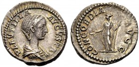 KAISERZEIT. Plautilla, Gattin des Caracalla, 202-212. Denar. PLAVTILLA-AVGVSTA Drap. Büste n. r. mit hochgebundenen geflochtenen Haaren. Rv. Rv. CONCO...