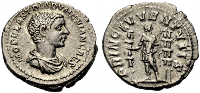KAISERZEIT. Diadumenianus Caesar, 217-218. Denar. Drap., gep. Büste n. r. Rv. PR...