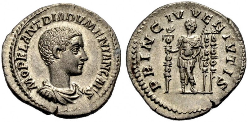 KAISERZEIT. Diadumenianus Caesar, 217-218. Denar, Drap. und gep. Büste n.r. Rv. ...