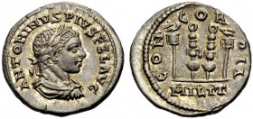 KAISERZEIT. Elagabalus, 218-222. Denar. Drap., gep. Büste mit L. n. r. ANTONINVS PIVS FEL AVG Rv. CON-COR-DIA um zwei Standarten zwischen zwei Vexilla...