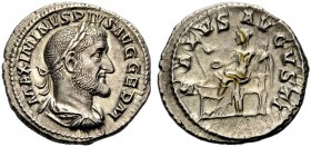 KAISERZEIT. Maximinus I. Thrax, 235-238. Denar. Drap., gep. Büste mit L. n. r. MAXIMINVS PIVS AVG GERM Rv. SALVS AVGVSTI Salus n.l. thronend, Patera m...