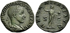 KAISERZEIT. Gordianus III., 238-244. Sesterz, Rom, 240. Drap. Büste mit L. n. r. Rv. AETERNITATI AVG S-C Aeternitas/Sol frontal stehend, Kopf l., die ...