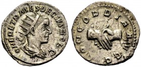 KAISERZEIT. Herennius Etruscus, 250-251. Als Caesar. Antoninian. Drap. Büste mit Stkr. n. r. Rv. CONCORDIA AVGG Zwei Hände im Handschlag. 3,10 g. RIC ...