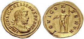 KAISERZEIT. Gallienus, 253-268. Aureus, 254-256 Rom. Regierung mit Valerianus I. Gep. Büste mit L. und Drapierung auf der l. Schulter n. r. IMP C P LI...