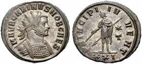 KAISERZEIT. Carinus, 283-285. Als Caesar unter Carus. Antoninian, Siscia, 282. Gep. Büste mit Strkr. n.r. Rv. PRINCIPI IV-VENT/*/ T/XXI Carinus als Pr...
