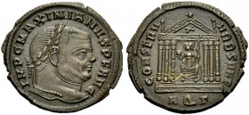KAISERZEIT. Maximianus Herculius, 286-305. Follis, 307-309/10 Aquileia. Büste mit L. n. r. IMP MAXIMIANVS PF AVG. Rv. CONSERV-VRBS SVAE Roma frontal t...
