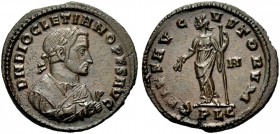 KAISERZEIT. Diocletianus, 284-305. Follis, 307, Lugdunum. Nach seinem Rücktritt. Brustbild n.l. im Mantel, Olivenzweig und Mappa haltend. DN DIOCLETIA...