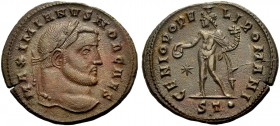KAISERZEIT. Galerius Maximianus, 305-311. Follis, 296-297 als Caesar. Ticinum. Büste mit L. n. r. MAXIMIANVS NOB CAES. Rv. GENIO POPV-LI ROMANI Genius...