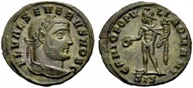 KAISERZEIT. Severus II. Caesar, 305-306. Nummus-Teilstück (Viertel-Follis), Siscia. 305-306. Kopf mit L. n. r. SEVERVS NOB C. Rv. GENIO POPV-LI ROMANI...
