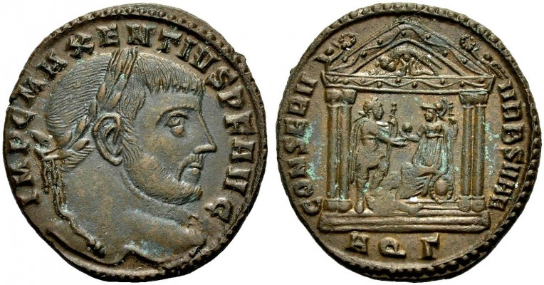 KAISERZEIT. Maxentius, 306-312. Nummus, Aquileia, 307. Kopf mit L. n.r. Rv. CONS...