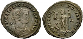 KAISERZEIT. Licinius I., 308-324. Follis, 313 Siscia. IMP LIC LICINIVS PF AVG Drap., gep. Büste mit L. n. r. Rv. IOVI CONSERVATORI AVGG NN Iuppiter n....