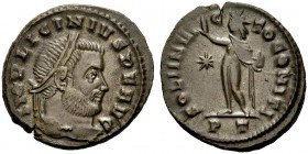 KAISERZEIT. Licinius I., 308-324. Nummus, 313-314, Ticinum. IMP LICINIVS PF AVG Büste mit L. n. r. Rv. SOLI INVI-C-TO COMITI Sol n.l. stehend, die Rec...