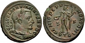 KAISERZEIT. Maximinus II. Daza Caesar, 305-309. Nummus, 305-307, Trier. Drap., gep. Büste ohne Bart mit L. n. r. GAL VAL MAXIMINVS NOB C. Rv. GENIO PO...
