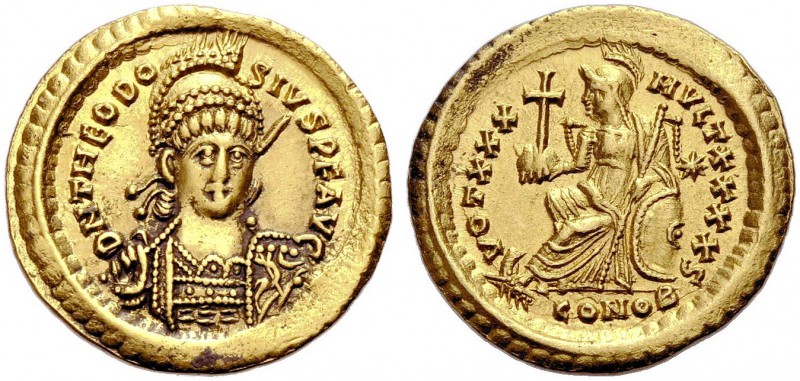 Theodosius II., 402-450. Solidus, 411. Konstantinopel. Gep. Büste von vorne mit ...