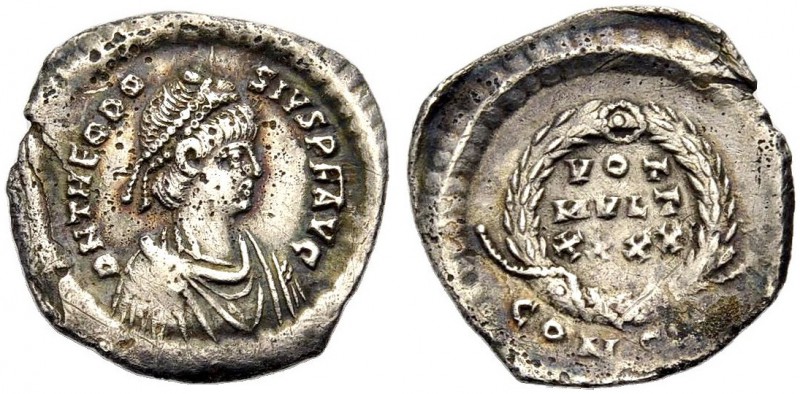 Theodosius II., 402-450. AR-Siliqua, 438-450 (?) Konstantinopel. Drap., gep. Büs...
