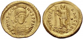 Marcianus, 450-457. Solidus, 450-457 Konstantinopel. Gep. Büste von vorne mit Helm und Perlendiadem, in der Linken geschulterte Lanze, in der Rechten ...
